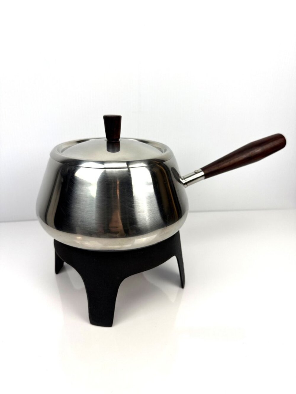 Vintage 1970's Dolphin Stainless Steel Fondue Pot and Cast Iron Stand Japan
